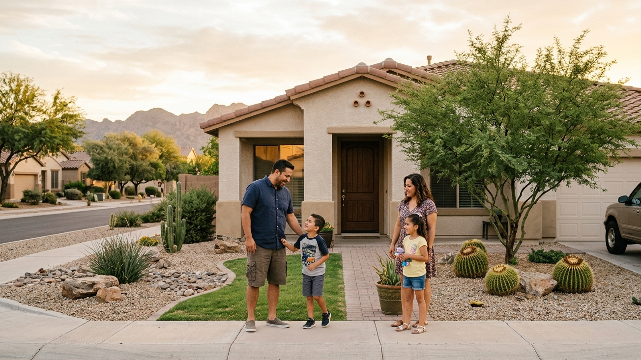 Familia frente a una casa bien cuidada en Phoenix