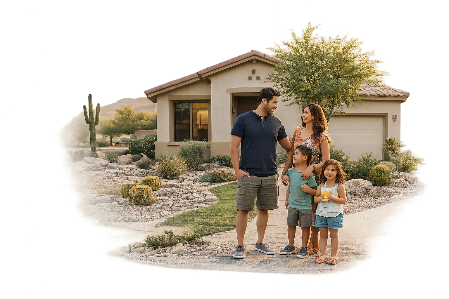 Familia hispana frente a una casa en Phoenix con la marca Tu Oferta Hoy